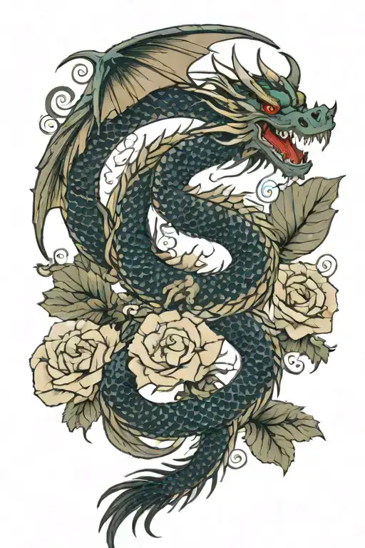 Dragon With Big Wings And Japnnese Irezumi Style With Rose In Background