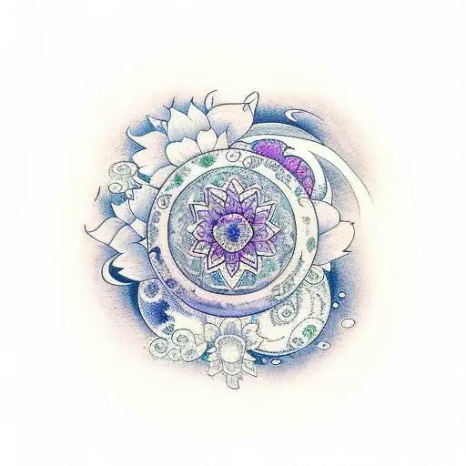 Horizontally Spine Tattoo Featuring Moon Phases With Lotus Flowers And Butterflies