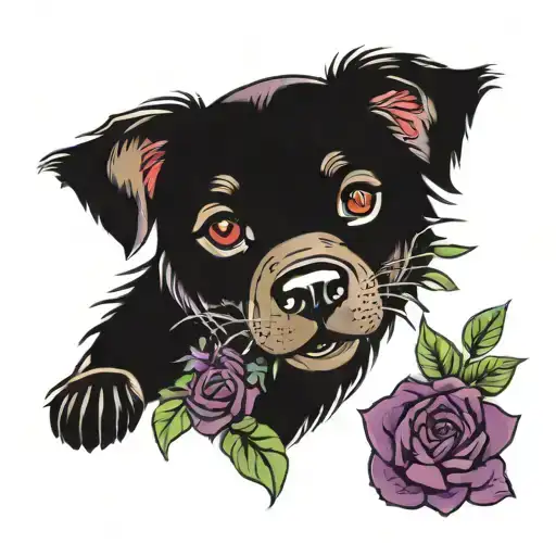 Chinese Zodiac Dog With Red Roses And Purple Cymbidiums