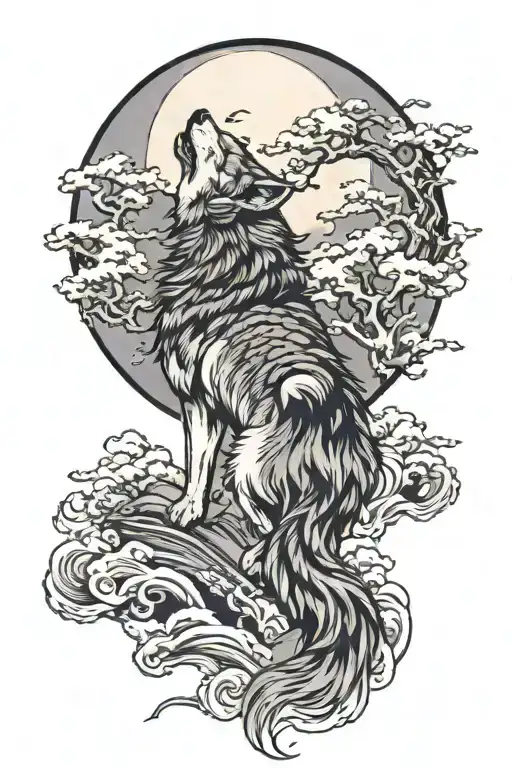 Running Wolf Howling At The Moon Surrounded