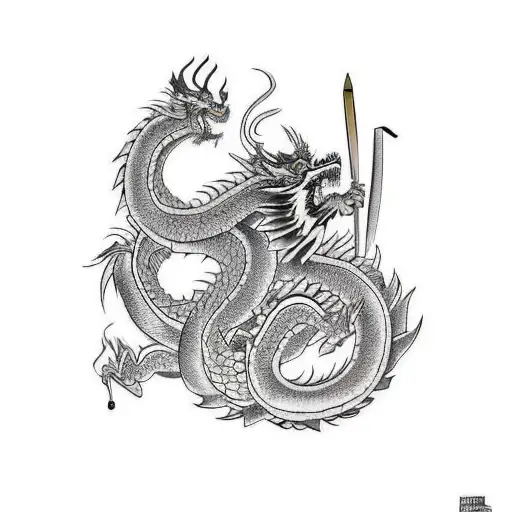 Geisha With Tatto Dragon And A Sword And Umbrella On Hand