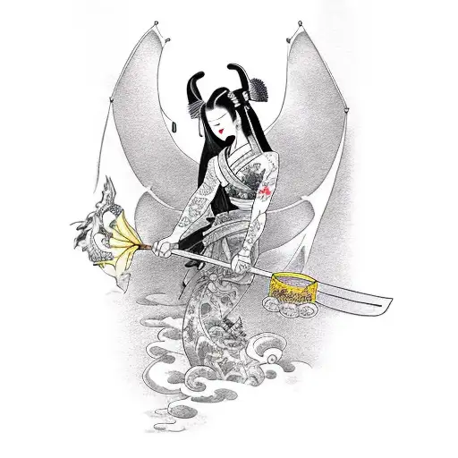 Geisha With A Dragon Tatto And A Sword And Umbrella On Hand
