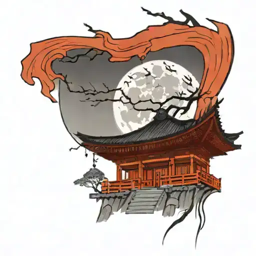 A Sketch Of A Haunted Pagoda With Ghostly Figures And A Full Moon In The Background