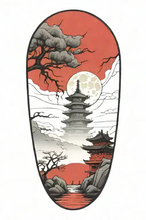 A Sketch Of A Haunted Pagoda With Ghostly Figures And A Full Moon In The Background