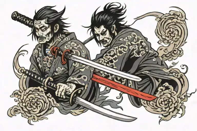 Two Katana Sword With Fire Rising