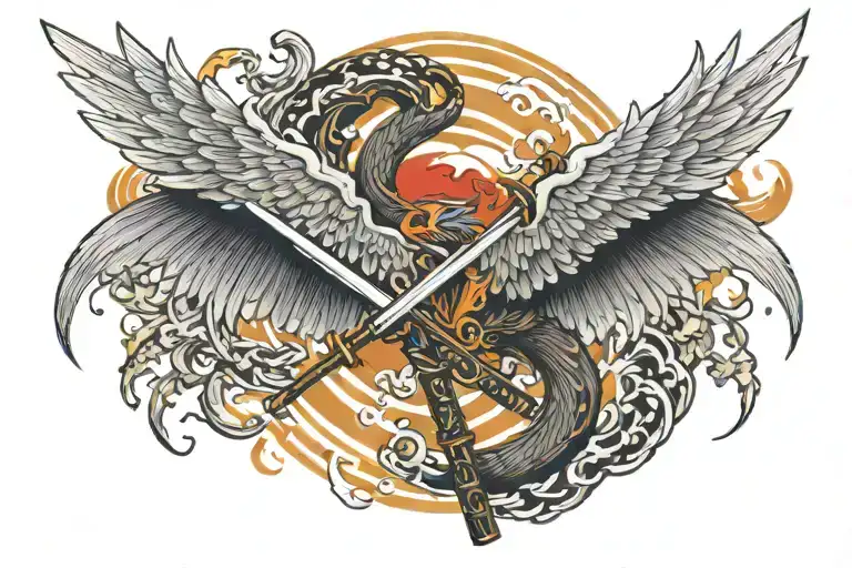 Just Two Katana Sword With Fire Rising Phoenix Wings