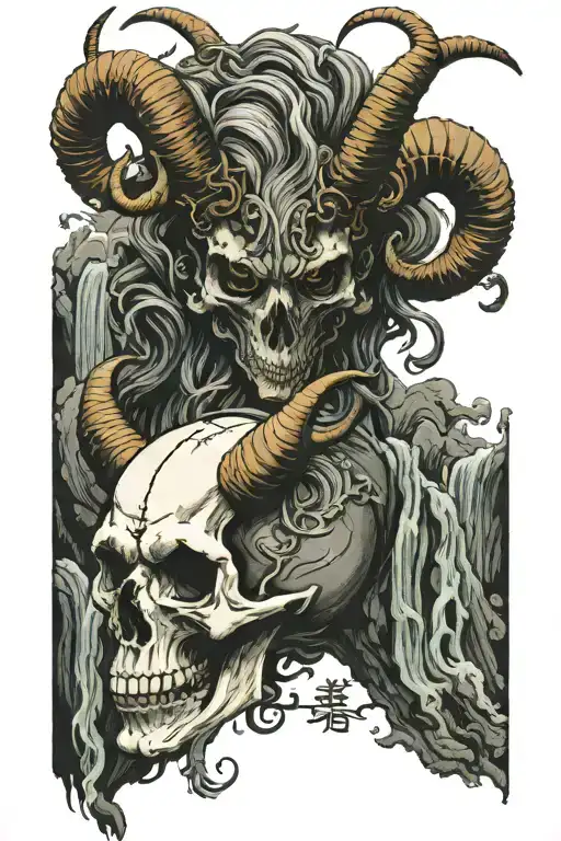 Skull With Curled Horns Of A Goat With A Waterfall From The Eye Sockets