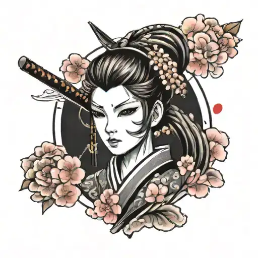 Anime Style Female Samurai With Sakura And Mask