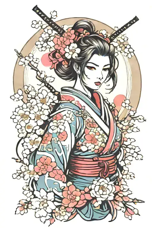 Anime Style Female Samurai With Sakura And Mask