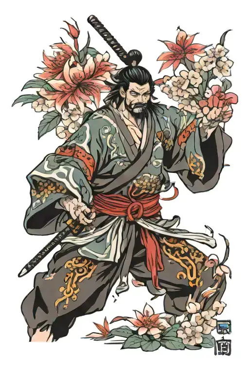 Samurai And Red Spider Lily's Cherry Blossoms And Japan In The Background