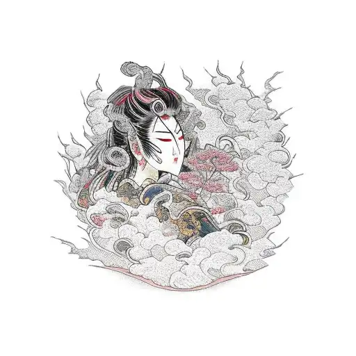 Burning Warrior Surrounded By Sakura Flowers And Waves