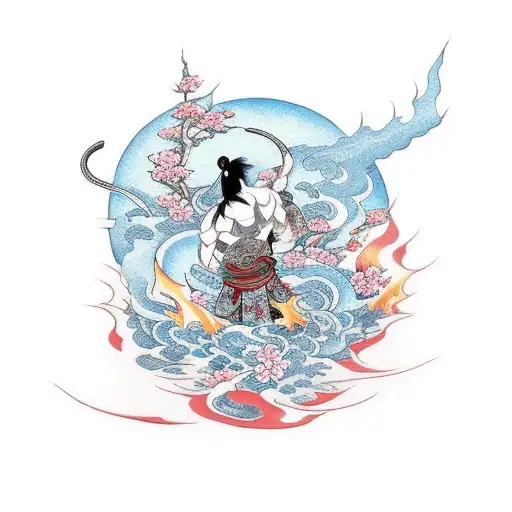 Warrior On Flame Surrounded By Sakura Flowers And Waves