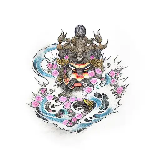 Warrior On Fire Surrounded By Sakura Flowers And Waves