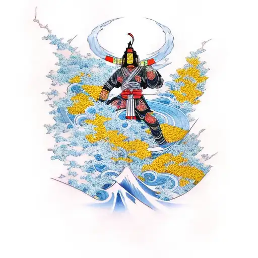 Fire Warrior Surrounded By Sakura Flowers And Waves