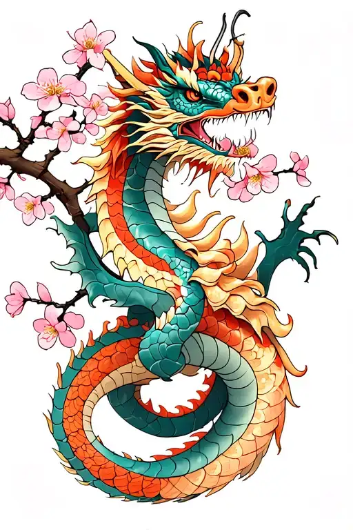 Dragon Wrapped With Cherry Blossom Branch