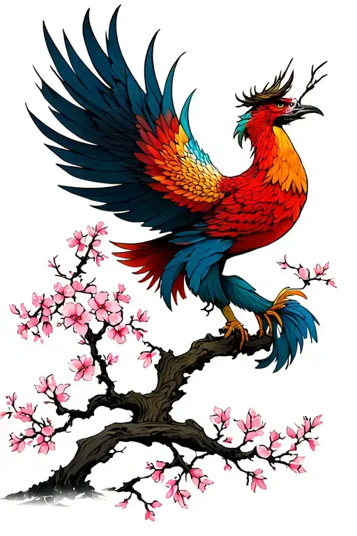 Japanese Phoenix Rising From The Ashes Next To A Cherry Blossom Tree
