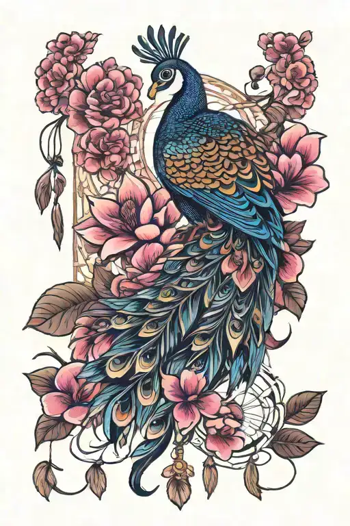 Magnolia Flower With Peacock And Dreamcatcher Hanging