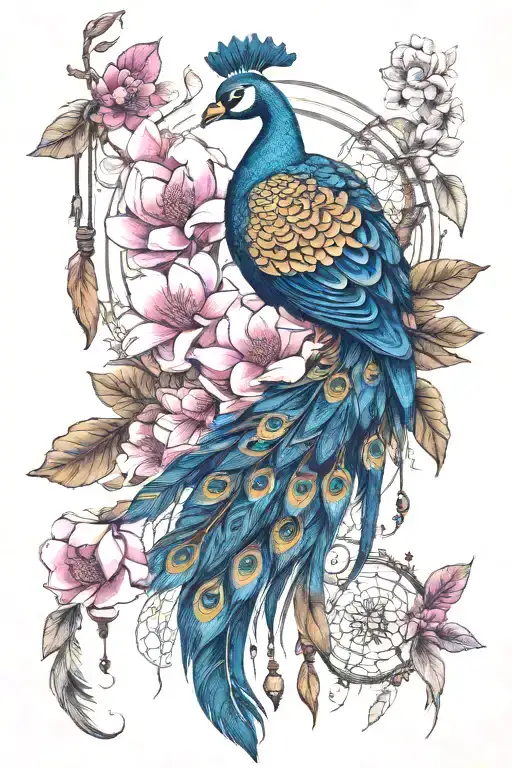 Magnolia Flower With Peacock And Dreamcatcher Hanging