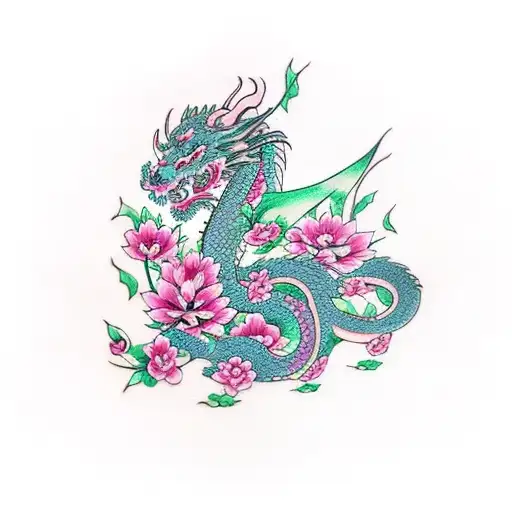 Dragon With Pink Flowers Around Him