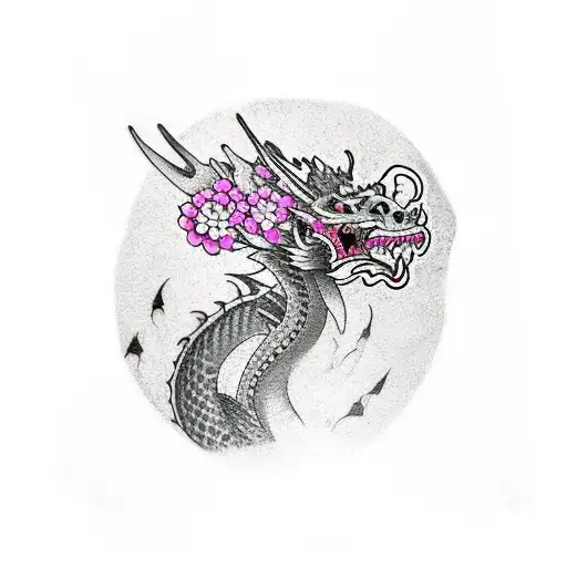 Spine Tattoo Of A Dragon With Pink Flowers Around Him