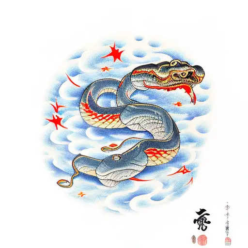 Vertical Red Snake With Sun And Stars