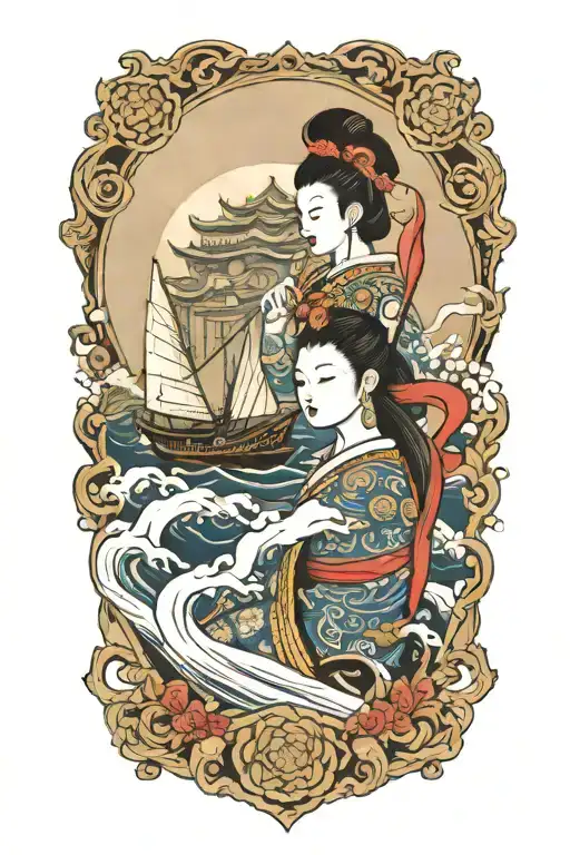 Thai Goddess Warrior Incorporate Sail Boat In The Background