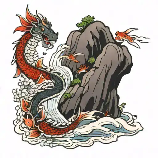 Dragon And A Koi Carp At A Waterfall