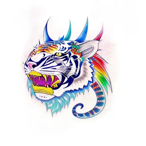 Big Colorful Dragon Fighting Against A Colorful Tiger