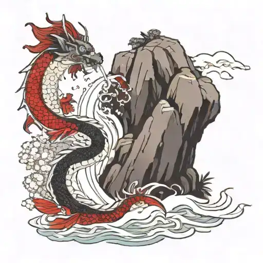 Dragon And A Koi Carp At A Waterfall