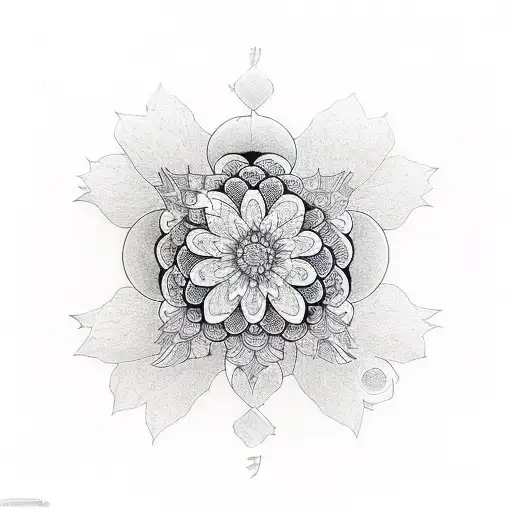 A Symmetrical Design Of A Blooming Flower Intertwined With Geometric Shapes And Nature Elements