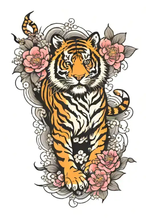 Tiger With Sakura Flowers Japanese