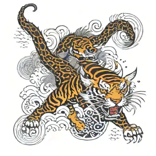 Dragon Flying And A Tiger Walking Towards
