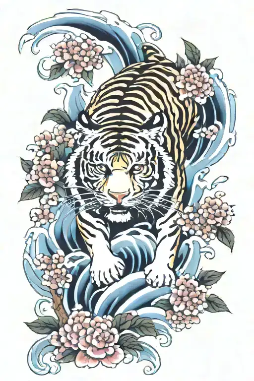 Tiger And Waves Crashing Cherry Blossums