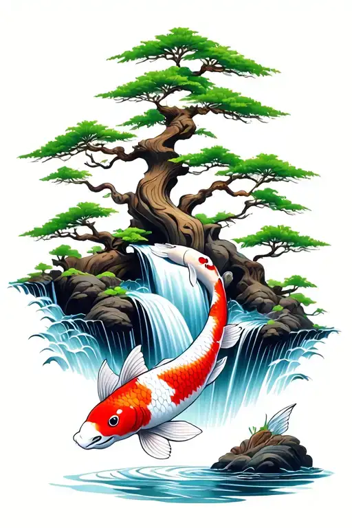 Koi Fish Swimming Up Waterfall Bonsai Tree