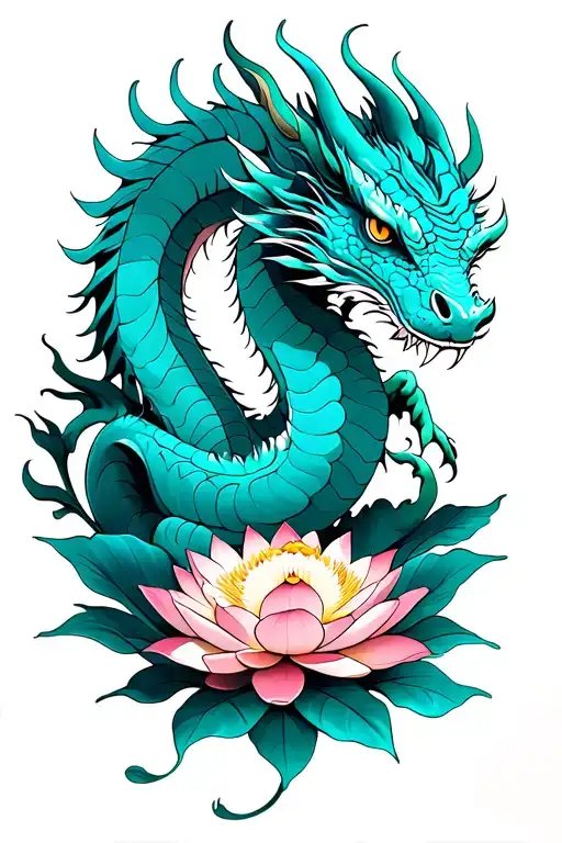 Turquoise Dragon On The Lotus Flower Blooming Flowers