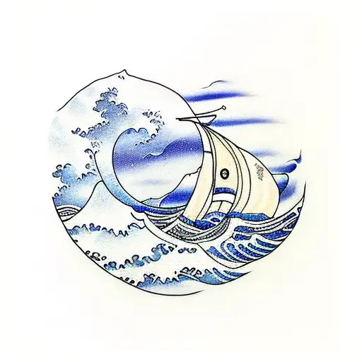 Wave With Ship And Fish