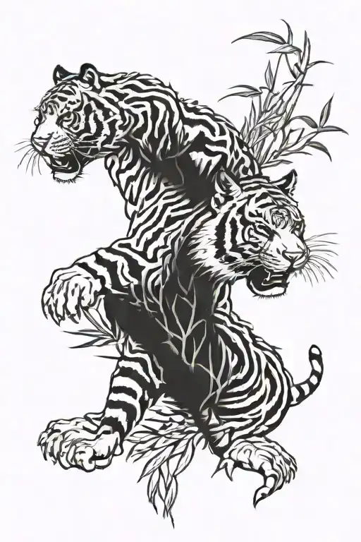 Black And White Tiger With Bamboo