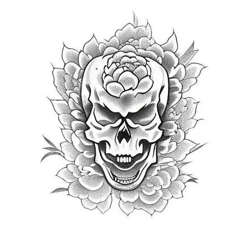Japanese Skull With Red Peonies And A Japanese Dragon