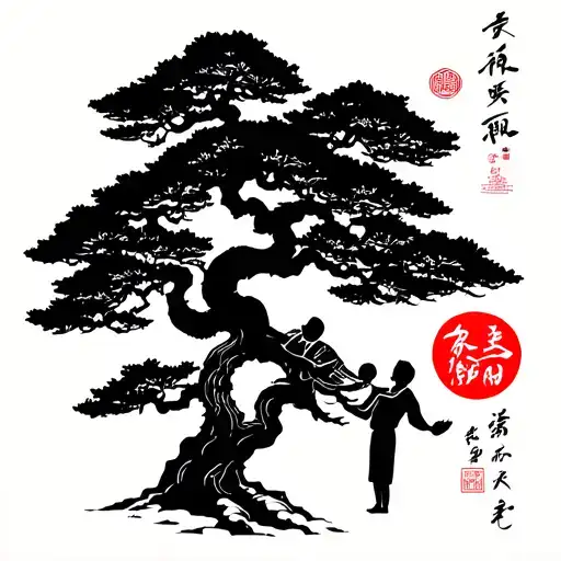 Bonsai Tree With Chinese Sign Love Happiness Hope And A Father With A Child In Hand
