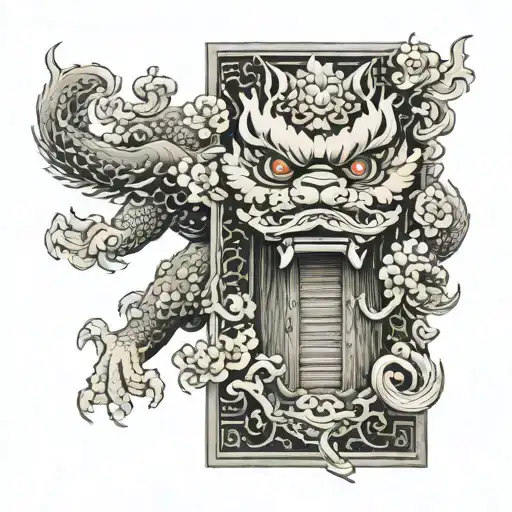 Torri Door With Fu Dog Behind It