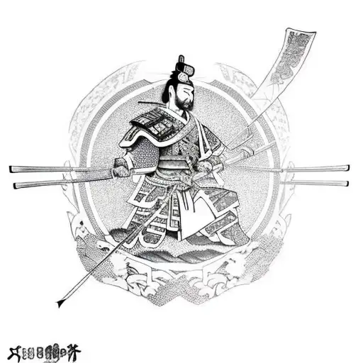 Samurai Kneeling On The Battlefield With Arrows And Swords Flags