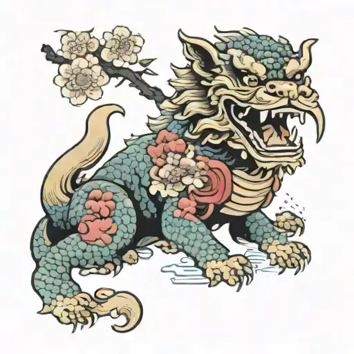 Foo Dog With Mouth Open Showing Teeth Surrounded By Cherry Blossoms