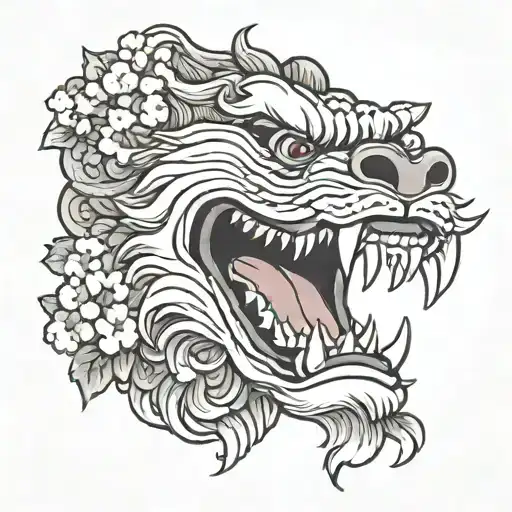 Foo Dog Head With Mouth Open Showing Teeth Surrounded By Cherry Blossoms