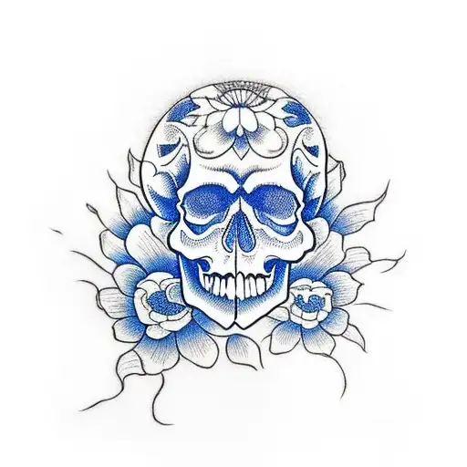 Skull With White Flower A And Butterfly Blue