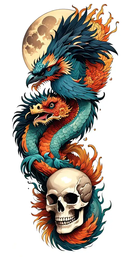 Chinese Dragon And Phoenix And Skull And Moon And Raven