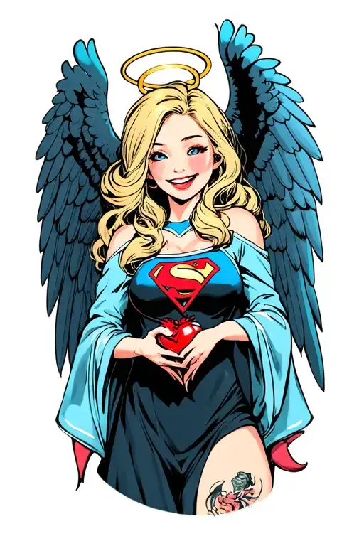 Super Girl Blond With A Halo And Wings Smiling With Fangs Showing And A Human Heart In Her Hand