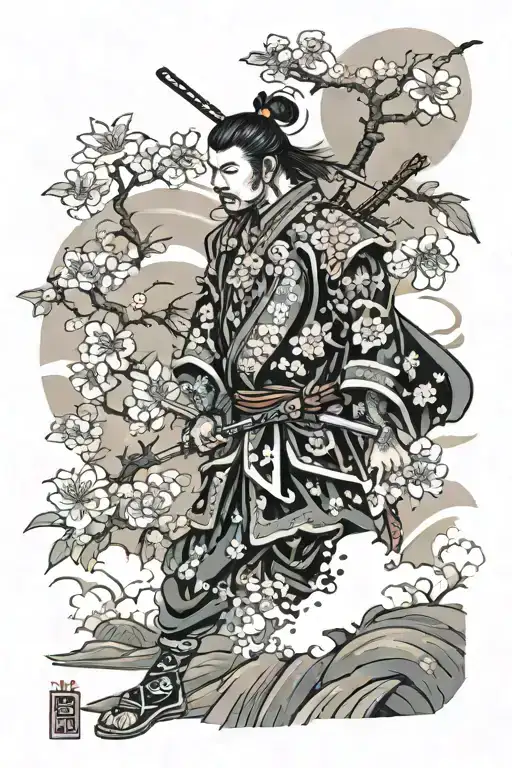 Samurai And Sakura Flowers