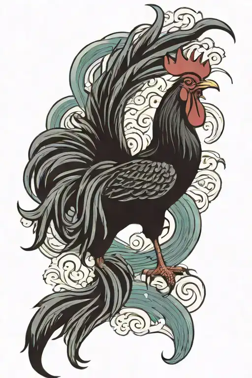 Rooster With A Scorpion Surrounded By Water Waves