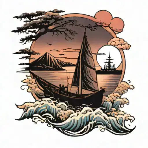 Outrun Sunset Scene With Boat Sailing