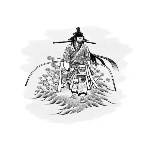 Beat Up Japanese Samurai Walking Away From A Temple Surrounded By Cherry Blossom Trees